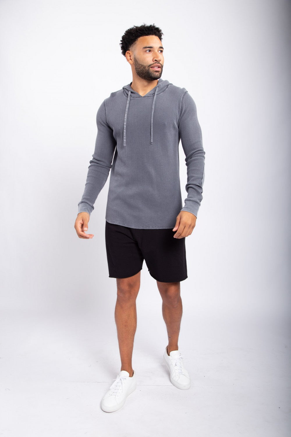 Mineral Wash Long-Sleeve Waffle Knit Hoodie